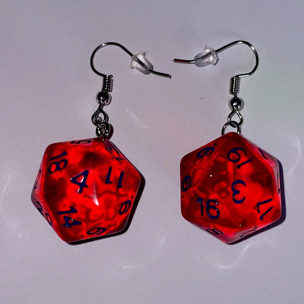 D20 Dice Earrings Dangle Red DnD Nerd Gift Red Gamer Hypoallergenic Handmade
